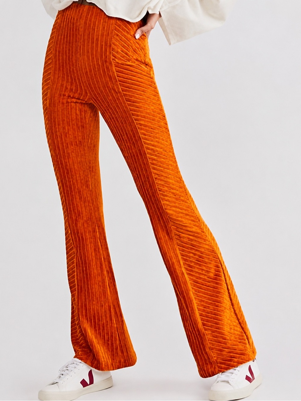 Free People Slim Pull-On Velvet Flare Pants Orange Gold Size Medium